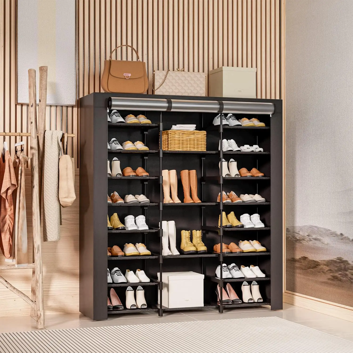9-Tier Large Tall Shoe Rack With Covers 40-46 Pairs, Sneaker Rack Organizer Shoes Cabinet Closed Shelves Shoe Stand Holder For 2