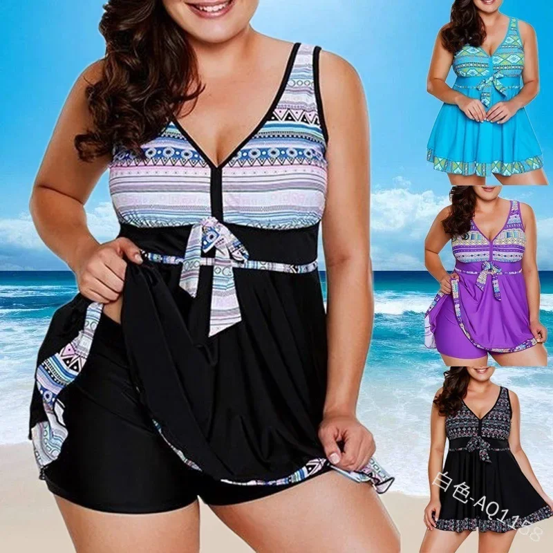 

Women's Large Size Swimsuit Two-piece Contrast Color Lace Split Swimwear Flat-raw Swimming Trunks Plus Fat Plus Beachwear