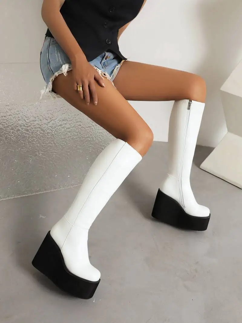 SIMLOVEYO Ladies Knee-high Boots 37cm Round Toe Wedges High Heel 11.5cm Platform 6cm Zipper Plus Size 43 Winter Shoes