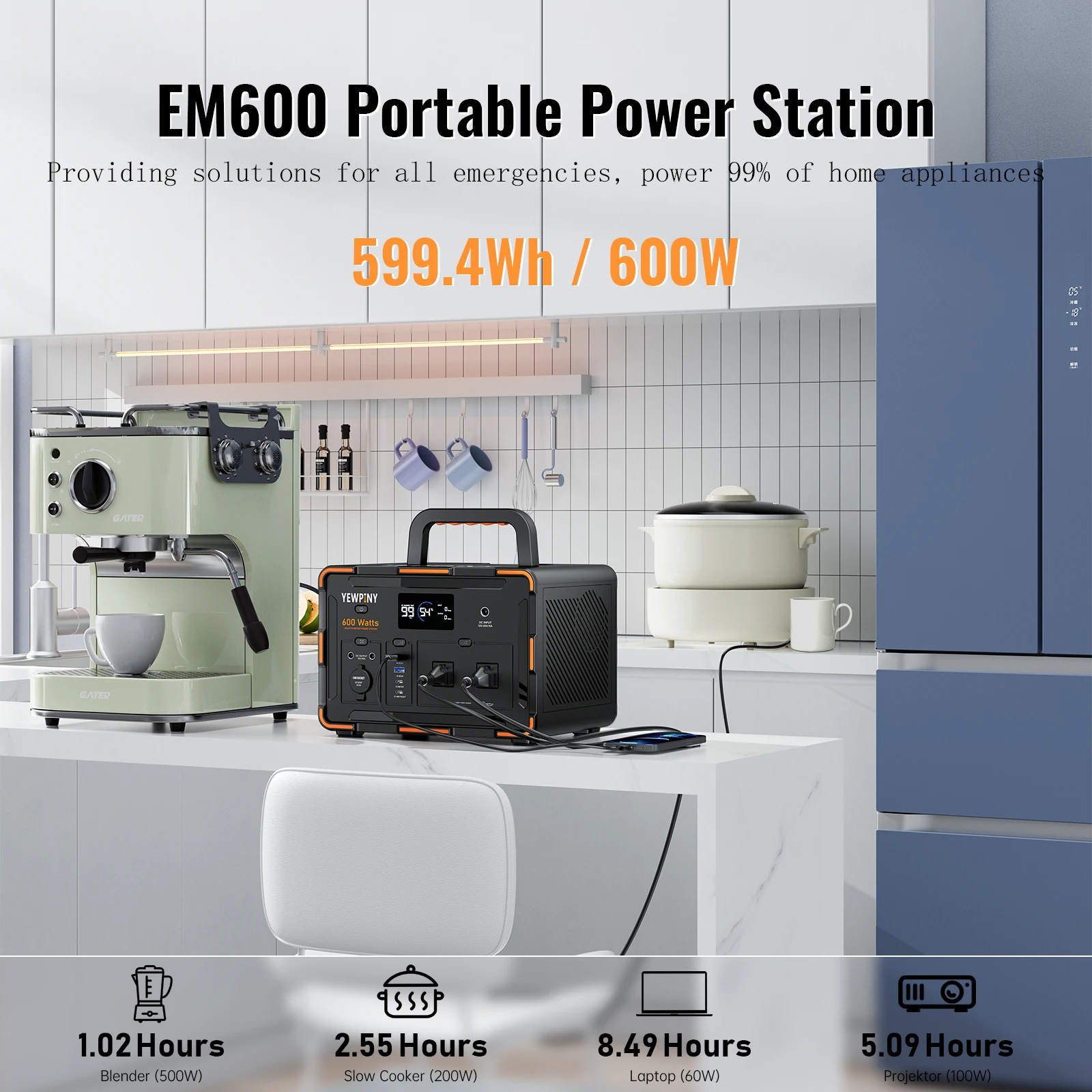 EM600 Solar Generator, 599Wh Portable Power Station with Wireless Charging, 100W Input, AC/DC for Camping & Home Use