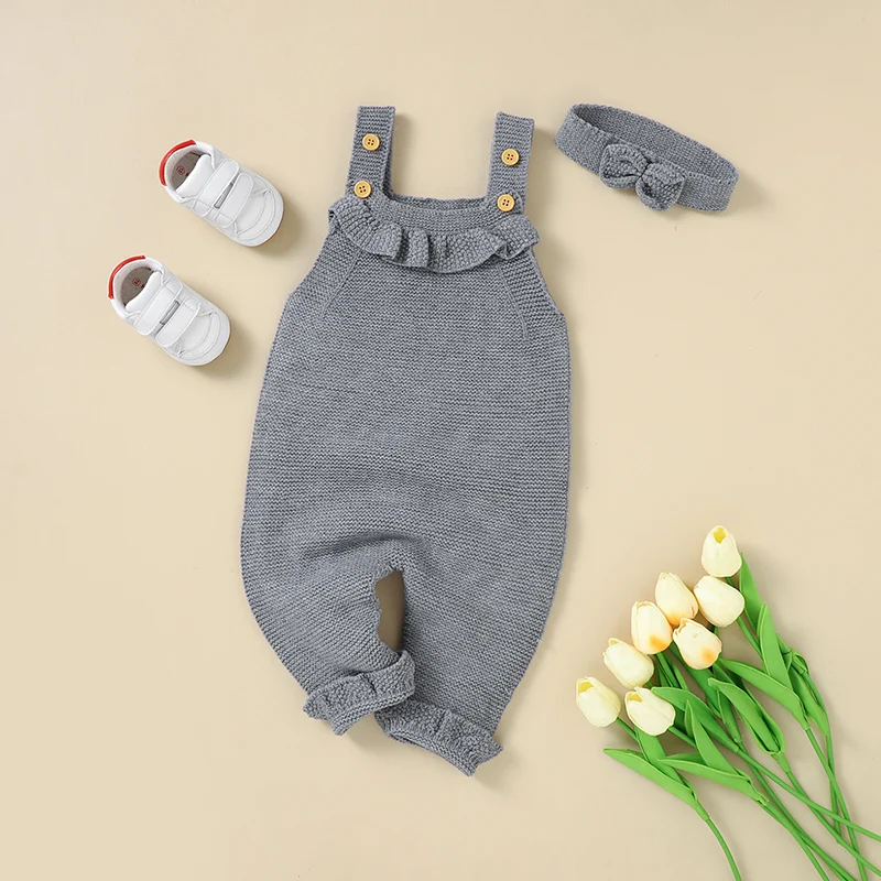 

Newborn Baby Romper Knit Infant Girls Fashion Ruffle Toddler Kid Clothing Headwear 0-18M Sleeveless Jumpsuit 2PC Solid Overalls