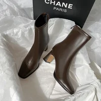 Autumn and Winter New Brown Short Boots with Velvet Coarse Heel French Ankle Boots and Back Zipper Square Head Boots