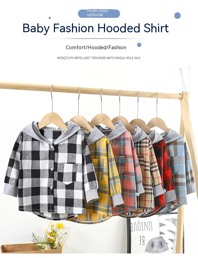 Children Shirts Girls and Boys Hooded Shirts Kids Combed Cotton Plaid Tops Spring and Autumn Long-Sleeved V-Neck Casual Coat