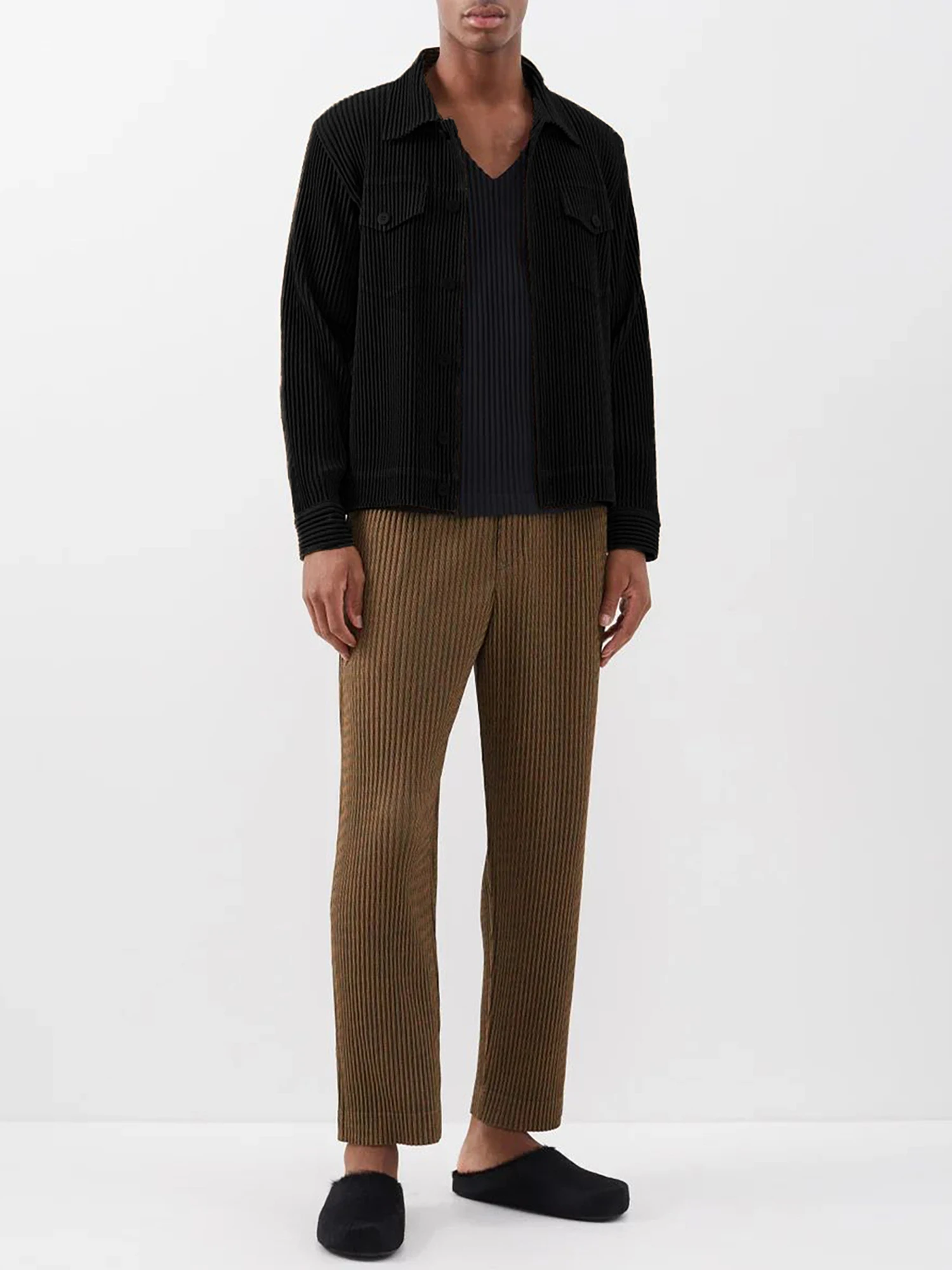 Miyake Pleated Men Button-down Jacket Cargo Pocket Single Breasted Male Coat 6