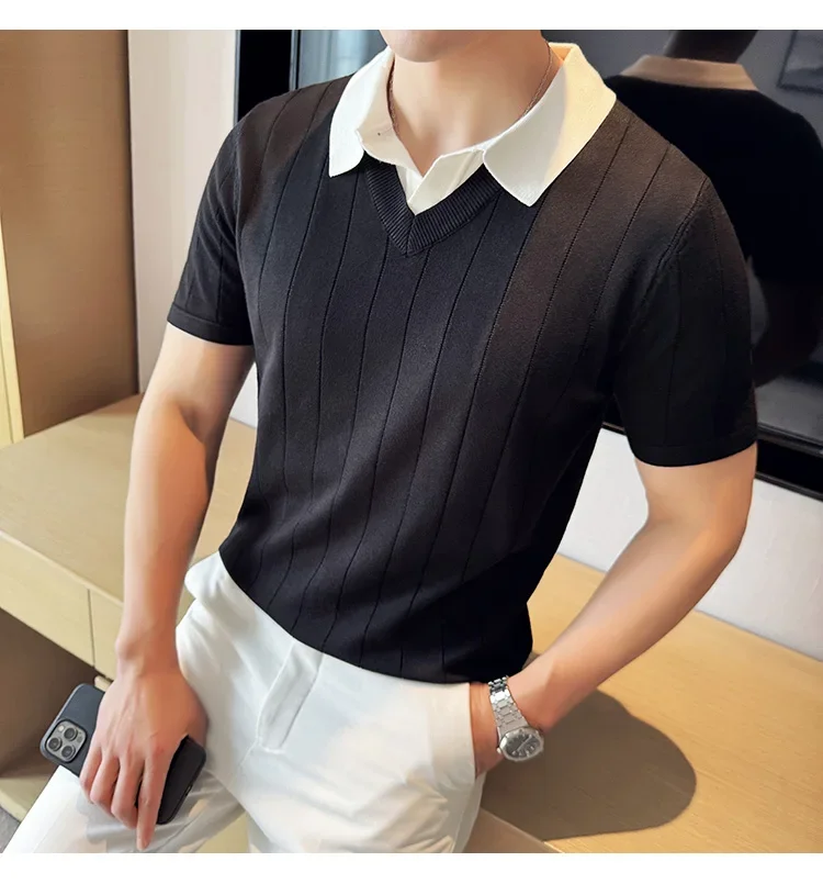 Thin Fashion Striped Lapel Knitted Polo Shirt, Fake Two-Piece Knitted Short-Sleeved T-shirt ~ Yellow Brown T-shirt 42 S71c4200bcb4945eb8f9758f81b8a5924U