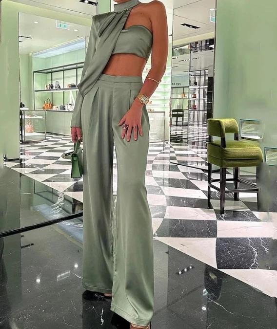 2023 New Summer Casual Temperament Fashion Elegant Hanging Neck Oblique Shoulder Bra Vest Casual Wide Leg Trouser Set for Women