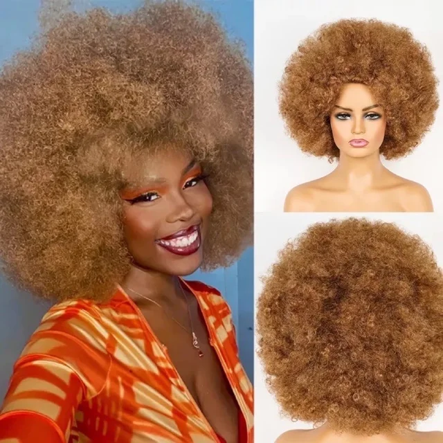 Afro Kinky Curly Wig Short Fluffy Hair With Bangs Deep Brown Wig For Black Woman African Synthetic Party Cosplay Wigs Perruque 27