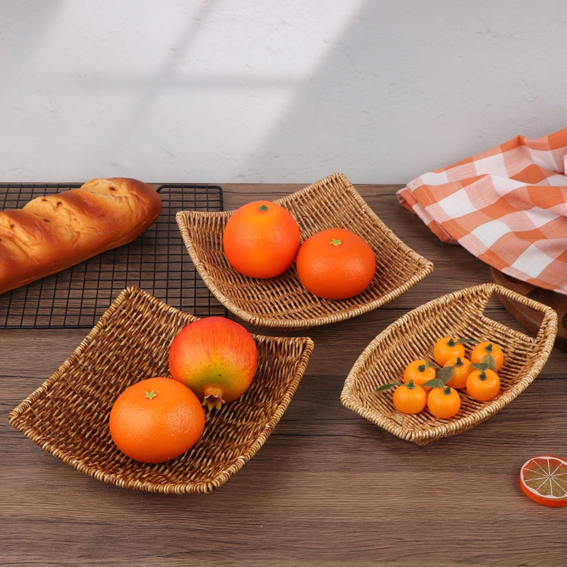 Square Oval Rattan Fruit Bread Snacks Storage Tray Coffee Bar Display Basket Nordic Desktop Cosmetic Sundries Organizer