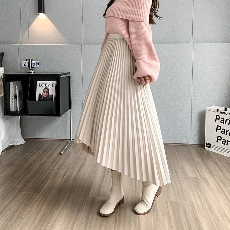 

Vintage Irregular Asymmetrical Pleats Folds Solid Women Skirt Korean Fashion Elastic High Waist Mid-Calf Long Skirts Women M149