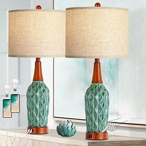 

Lamp Set of 2, 3-way Dimmable Touch Control Gold Bedside Lamps with USB ports, 27inch Tall Modern Ceramic Vase Brass Nightstand