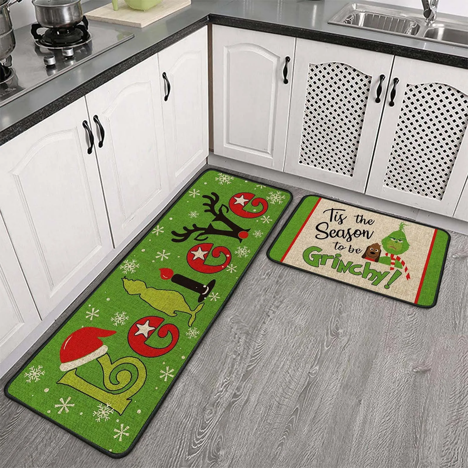 2PCS Genie Grinch Cartoon Door Mat Kitchen Mat Bedroom Living Room Carpet Floor Halloween Christmas Decor halloween floor mat,christmas door mat