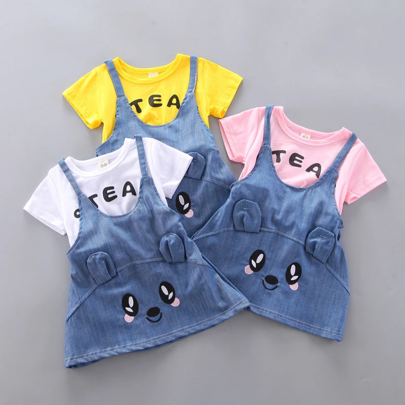 Baby Clothing Set medium Baby Girl Clothing Sets 2022 Summer Children's Cartoon Short Sleeve T-shirt+Denim Suspenders Skirt Korean Style Clothes Suit baby floral clothing set