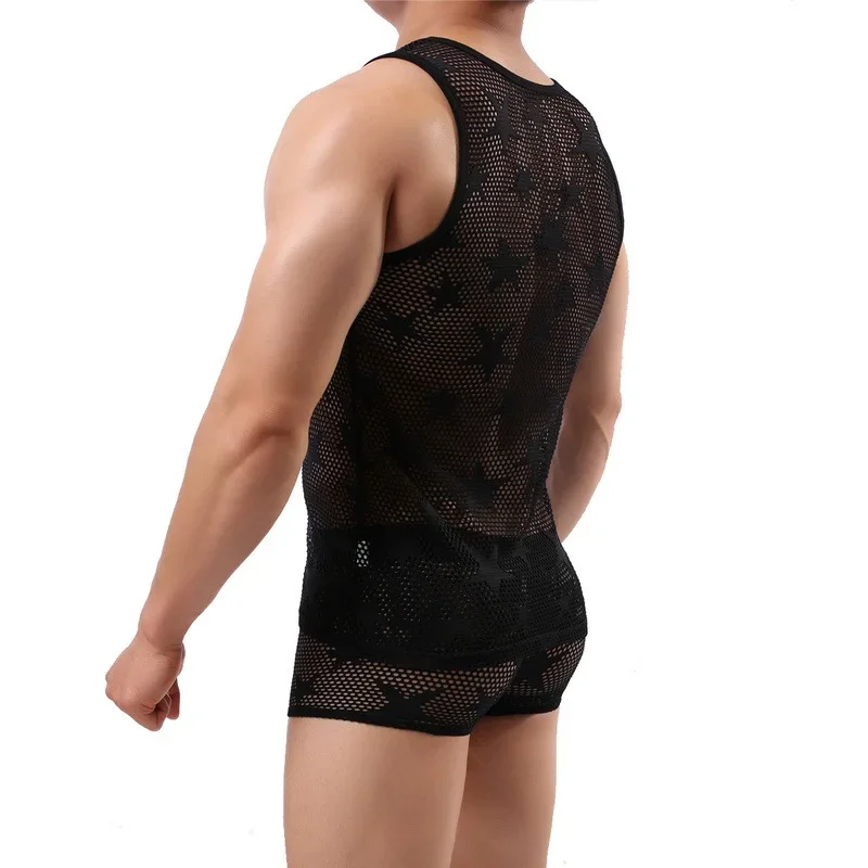 Men Clothes Set Undershirts Mesh See Through Men Tank Tops Hollow Out Underwear Panties Fitness Boxershorts Underpants Vest Tops