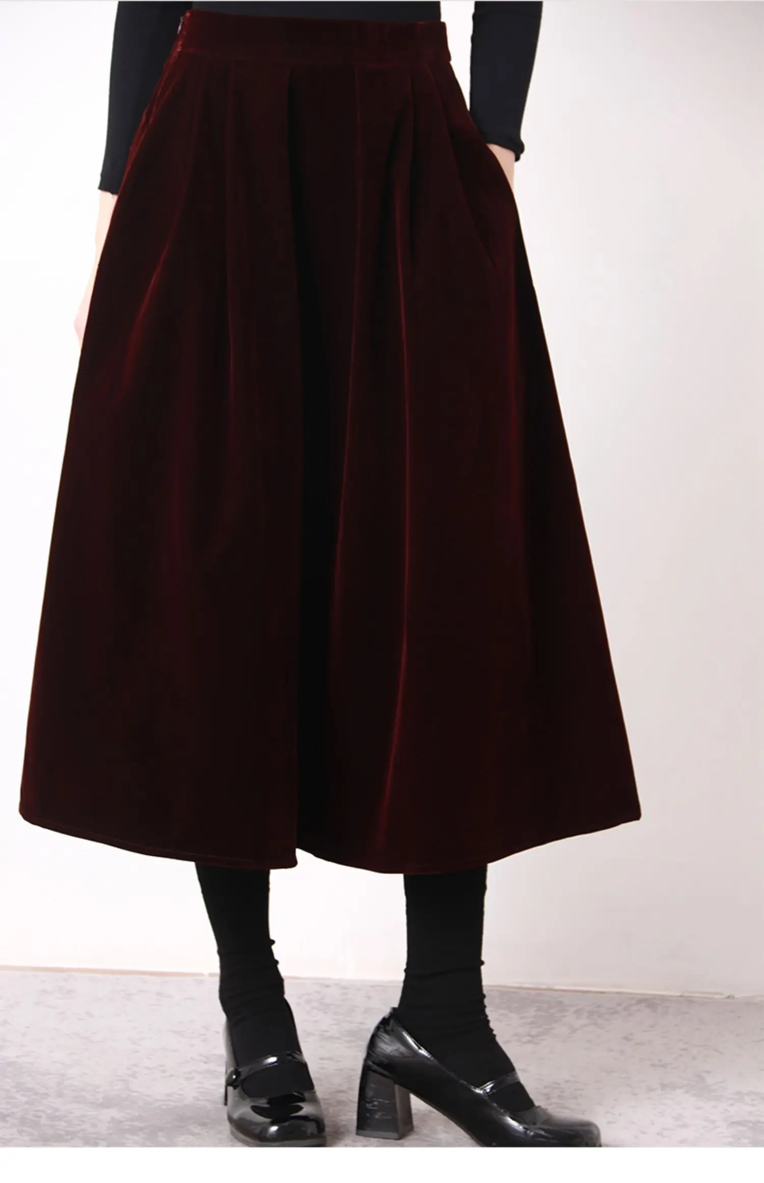 

Женская бархатная юбка трапециевидной формы, винтажная модная дизайнерская базовая юбка с высокой талией, винно-красного цвета, весна-осень TB244