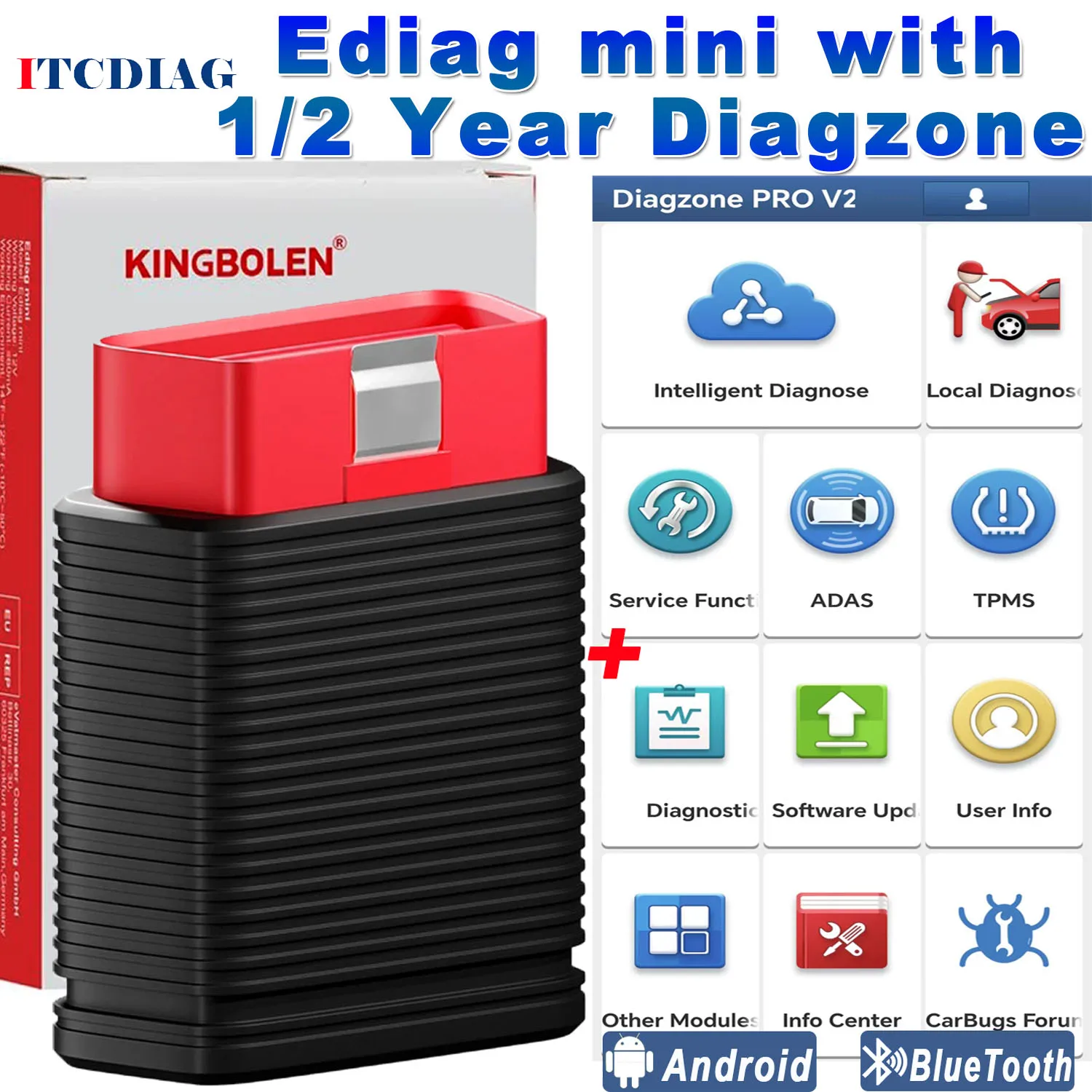 

KINGBOLEN EDIAG MINI OBD2 Scanner Bluetooth WIth 1 / 2 Year Diagzone DZ Diag-zone 15 Reset Read Clear fault code PK Thinkdiag