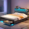 Bed Frame with Storage Headboard and 2 Drawers, Upholstered Platform Bed with Charging Station and LED Light, Noise Free 3