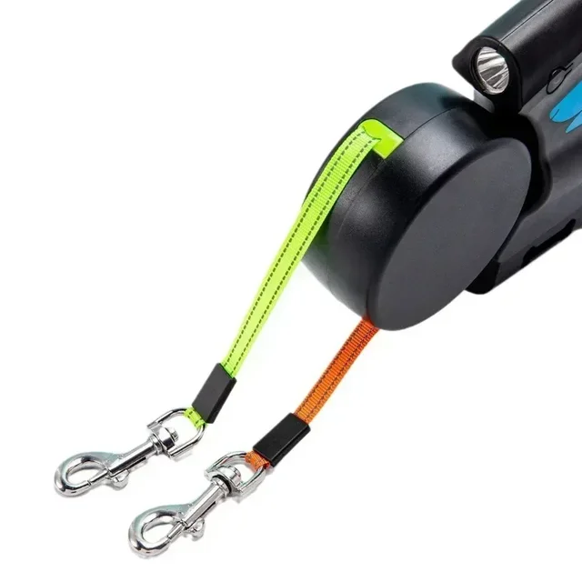 3m Rotating Nylon Pet Leash for 2 Dogs Adjustable Double Rope Leashes with Flashlight Poop Bag Box Pet Traction Rope Retractable 3
