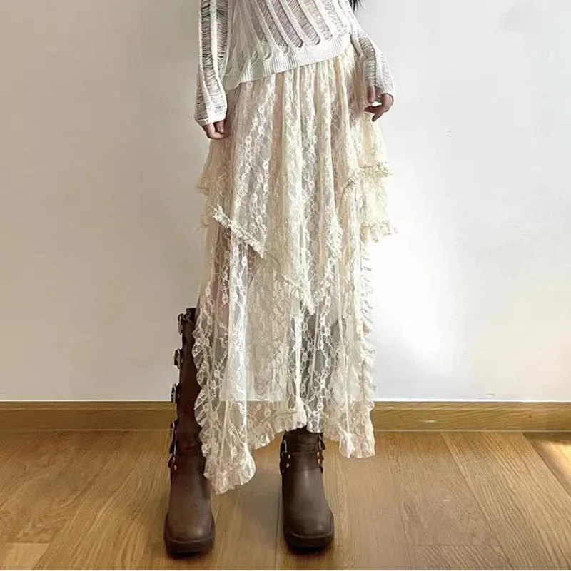 Lace Asymmetrical Skirt Women Vintage Y2K Boho Aesthetic Fashion High Waist Mid Skirts Summer Ladies Holiday Outfits 6