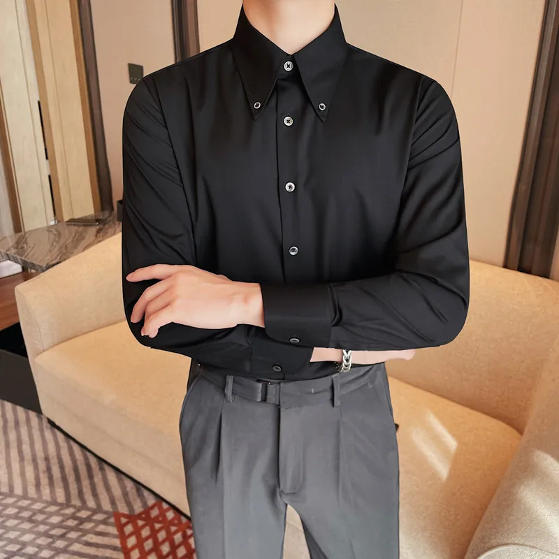 White Formal Men's Shirt High Quality Korean Style Clothing Luxury Buttons Design Big Collar Long Sleeve Shirts For Men Tuxedo