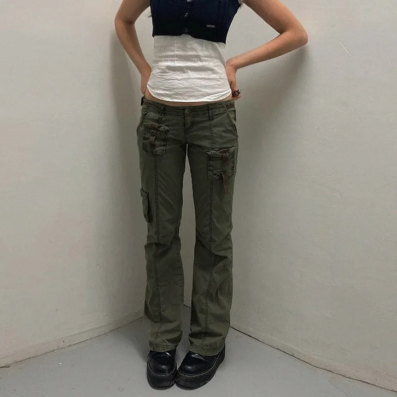 Retro gray overalls wide leg cargo women pants women's trousers sexy low waist loose casual trousers vintage streetwear cigarette pants