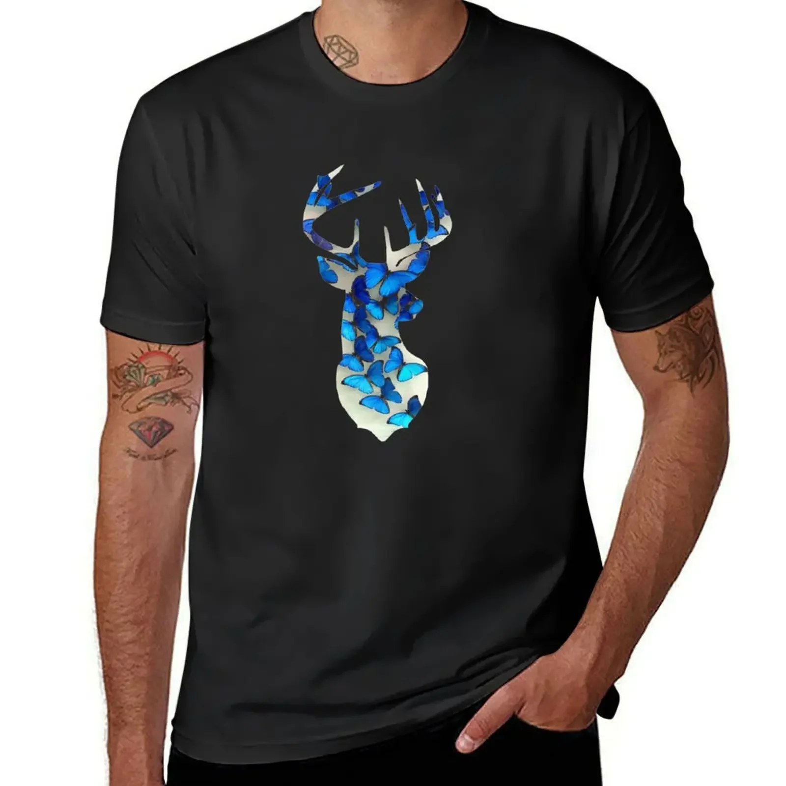 

blue butterfly stags head T-shirt kawaii clothes blanks plain black t shirts men