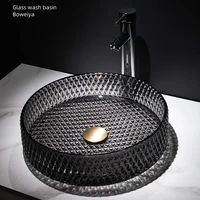 อ่างล้างหน้าแบบกลมบนเคาน์เตอร์ อ่างล้างหน้ากระจกนิรภัยโปร่งแสงพร้อมอ่างล้างจานแบบพับเก็บได้ อ่างล้างหน้าในห้องน้ําสําหรับห้องน้ํา 1