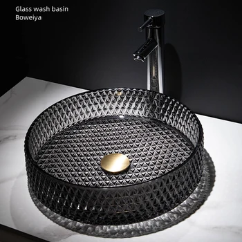 อ่างล้างหน้าแบบกลมบนเคาน์เตอร์ อ่างล้างหน้ากระจกนิรภัยโปร่งแสงพร้อมอ่างล้างจานแบบพับเก็บได้ อ่างล้างหน้าในห้องน้ําสําหรับห้องน้ํา 1