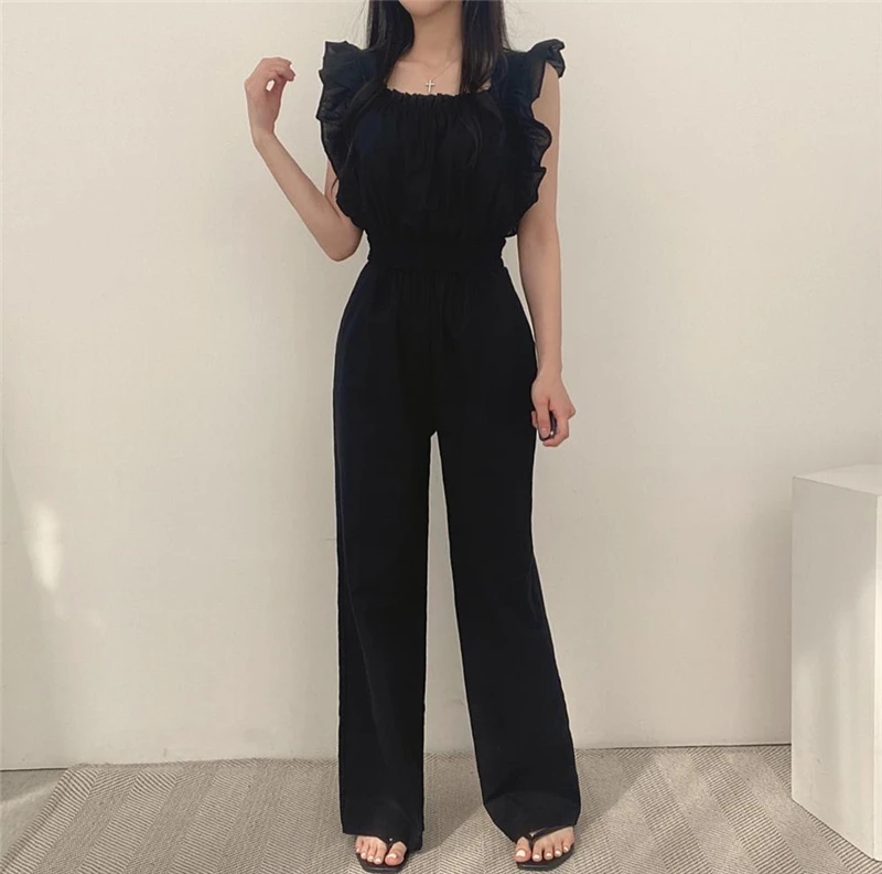 2023 Summer Women Vintage Ruffled Square Neck Elegant Jumpsuits Korean Fashion High Waist Wide Leg Pants Chic Streetwear Rompers