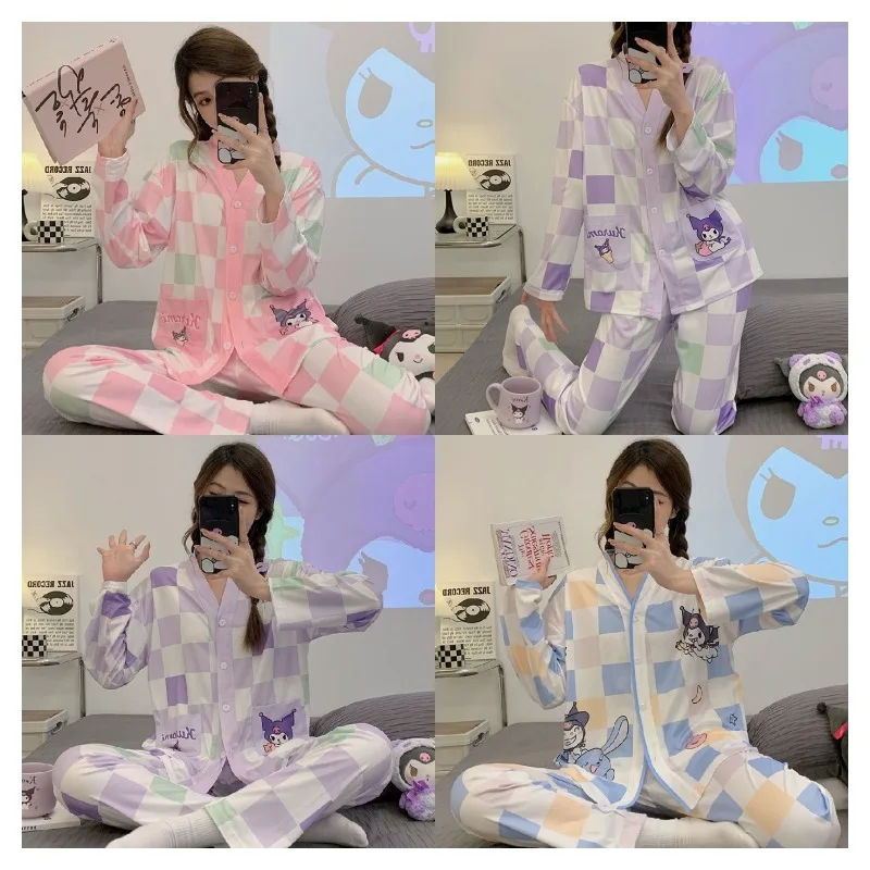 

Sanrios Anime Kuromi Kawaii Printing Long Sleeve Pants Pajamas Suit Cartoon Cute Girls Comfortable Home Clothing Two Piece Sets