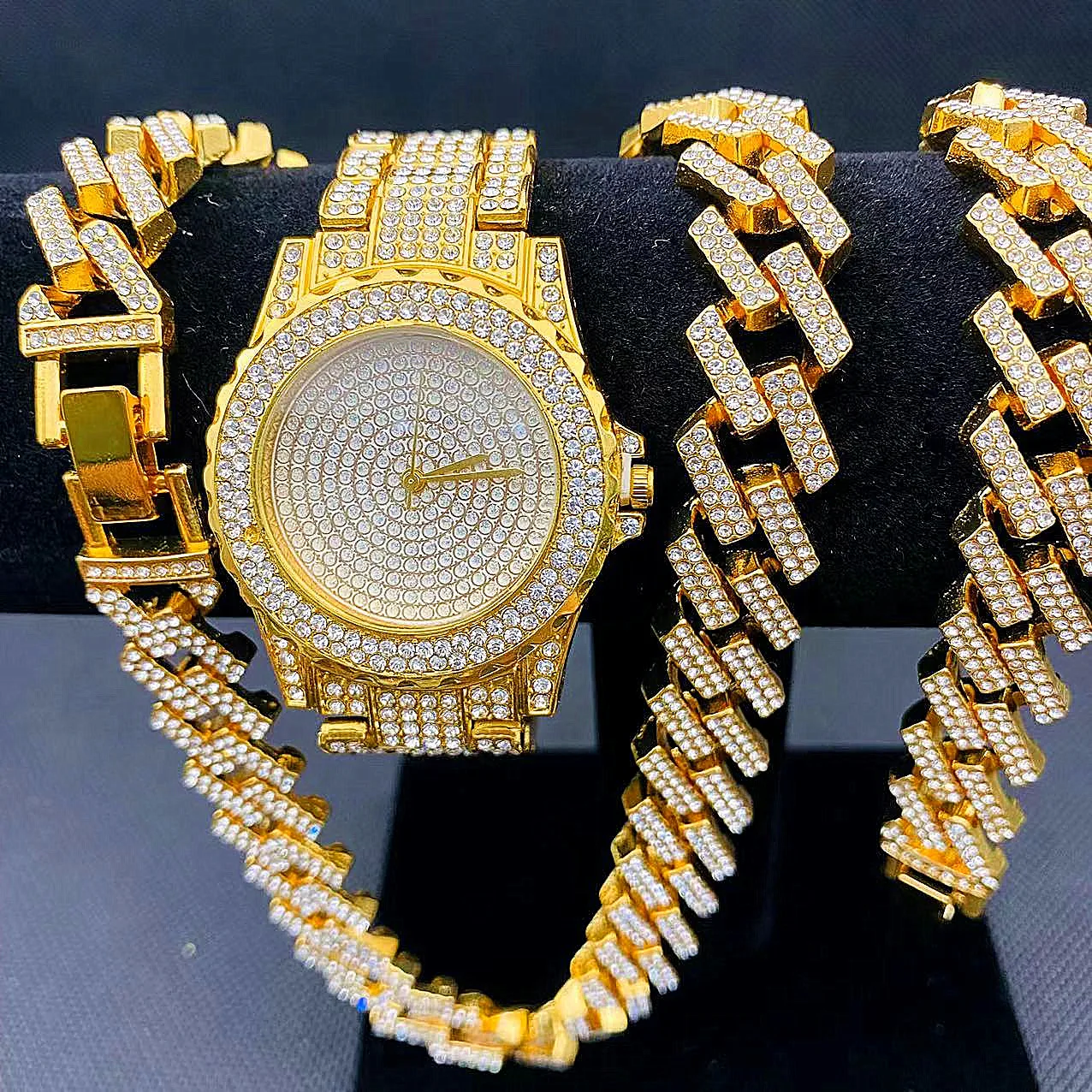 

Hip Hop 3PCS Fashion Women Jewelry Set Iced Out Watch Necklace Bracelet Bling Diamond Miama Cuban Link Chain Gold Initial Charms