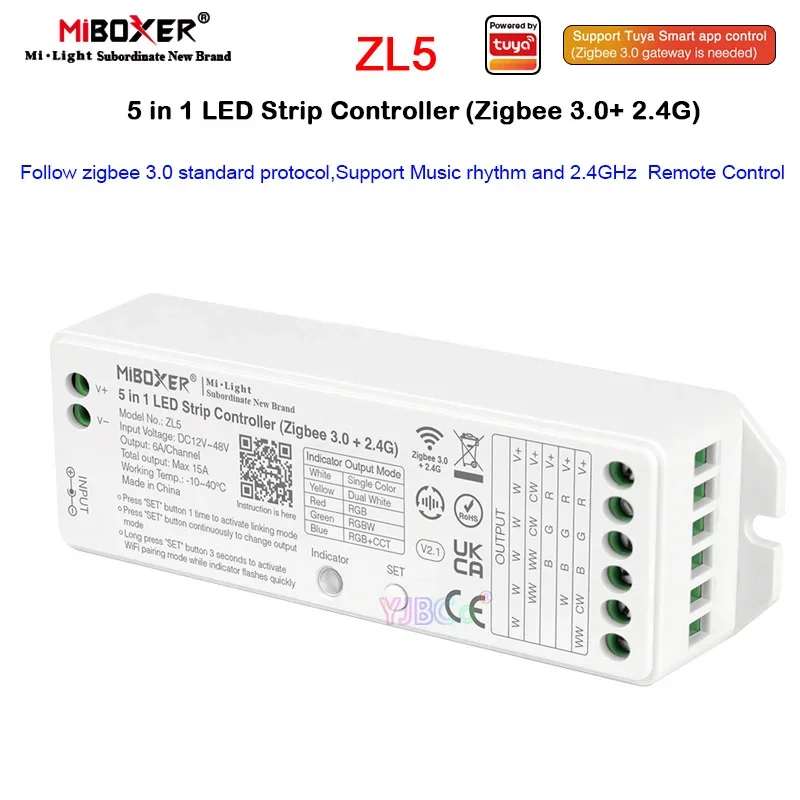 Miboxer Single color/Dual white/RGB/RGBW/RGB+CCT Zigbee 3.0 2.4G 5 in 1 LED Strip Controller 12V 24V 36V 48V 2.4G Remote Control