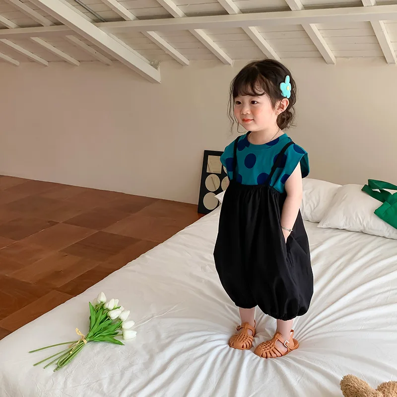 2025 Summer New Korean Baby Girls Solid Versatile Suspender Pants Children Loose Casual Overalls Kids Toddler Lantern Trousers