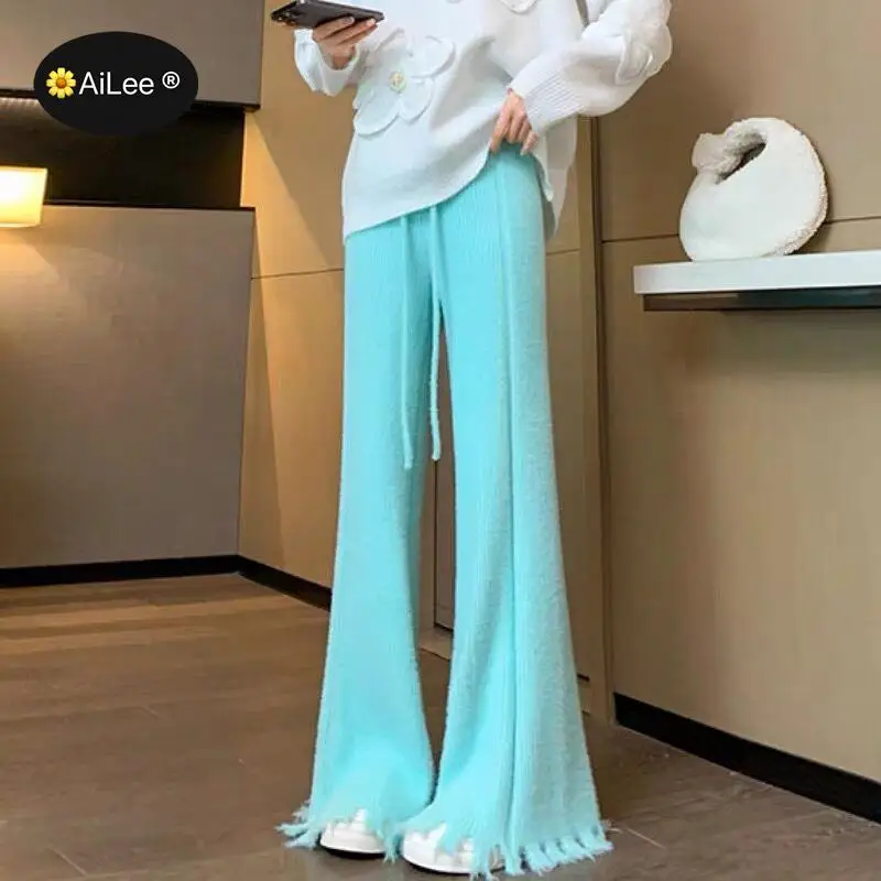 Newest Mink Velvet Winter Pants Women Flare Floor Length Tassel Cuffs Wide leg Trousers Lady Thick Warm Chic Korea Fashion Pants newest 90 180cm bright green elegant floral printing beach shawl scarf lady high quality spring summer foulard muslim hijab