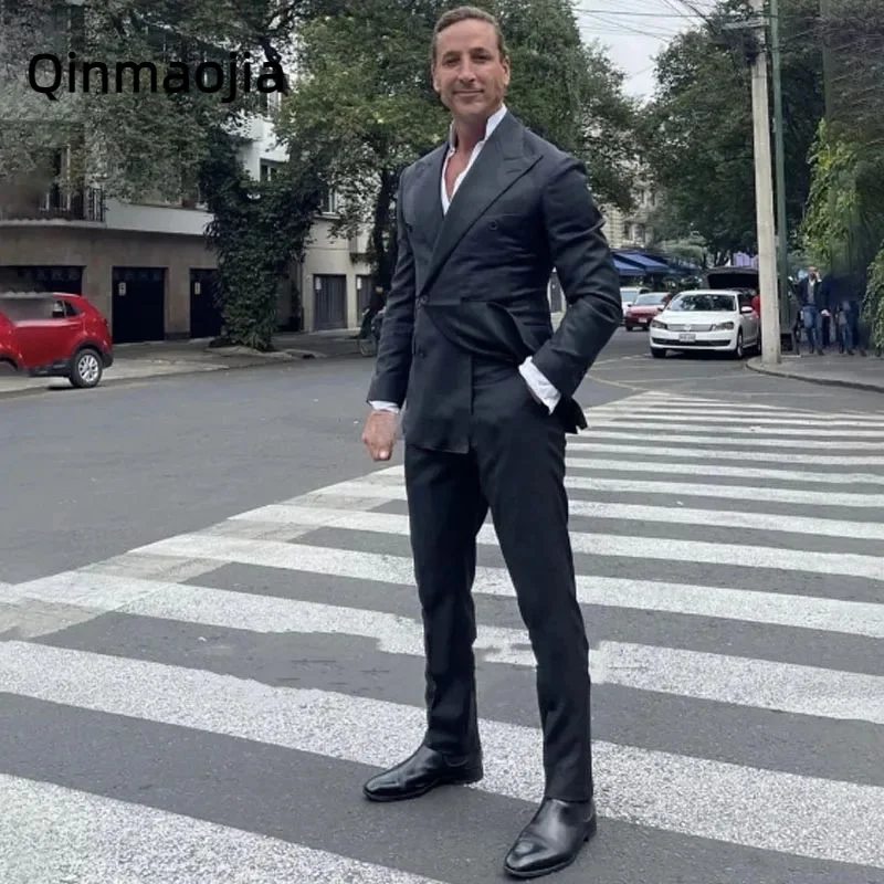 

Повседневные модные черные костюмы для мужчин деловой двубортный приталенный свадебный смокинг для жениха костюм из 2 предметов брюки