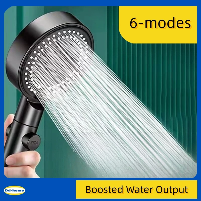 

Shower Head 6 Modes Black Round Water Jet High Pressure Hand-held Knobs Water Stop Replete For Shower Accessories Bathroom ABS