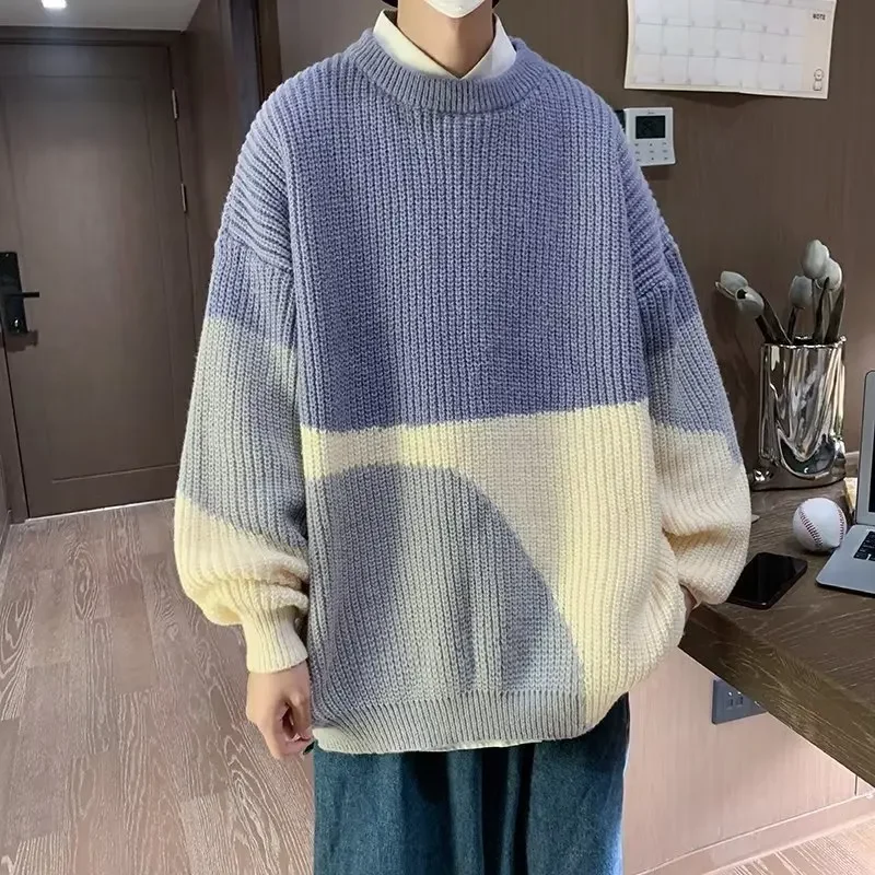 가을 겨울 학생 커플 라운드 넥 풀오버, 컬러 블록 니트 탑 핏 스웨터 라인 의류, 다목적 베이스레이어 탑