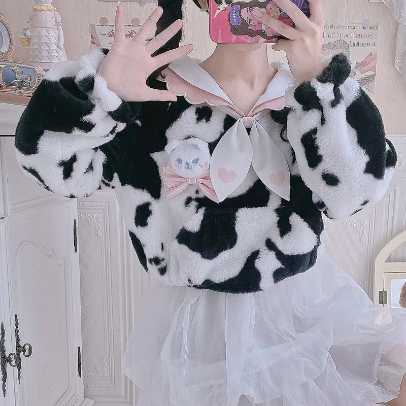 Cow Sweetheart Autumn Winter Lolita Coat Cute Student Cow Plush Sweater Jk Coat Plush Short Goth Dresses Women Lolita