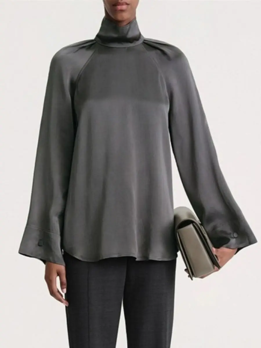 

Женская серая рубашка с высоким воротником и длинным рукавом, простая Новинка 2023, блузка