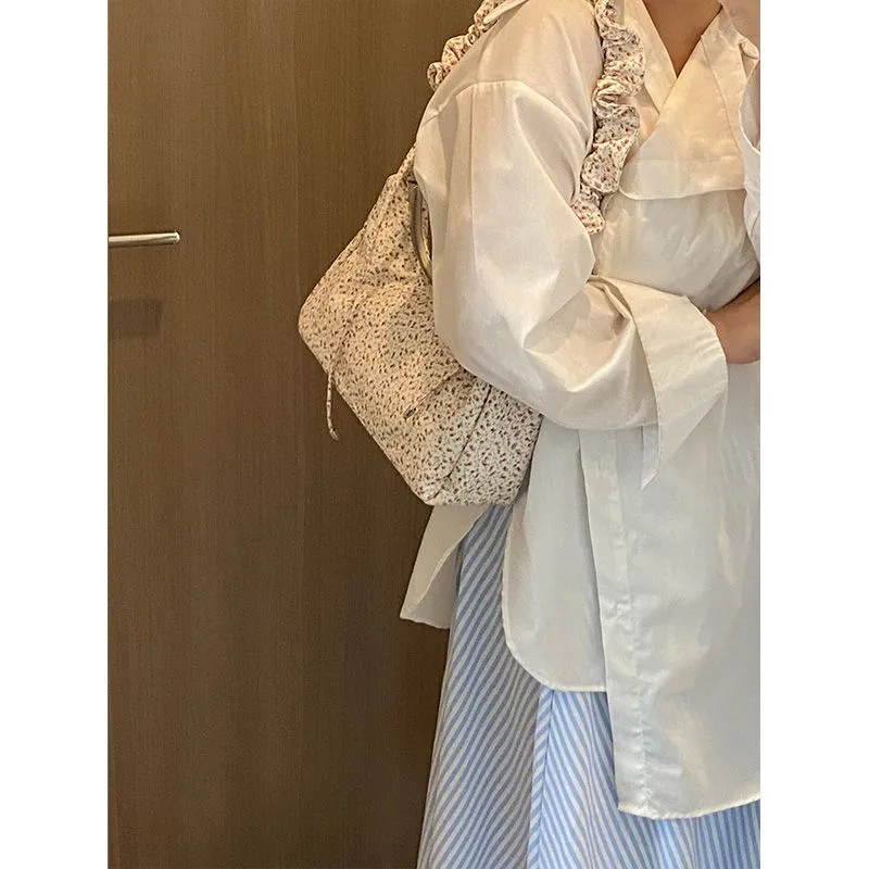 JIAERDI Fairycore Floral Canvas Shoulder Bags Women Summer Harajuku Drawstring Casual Handbag Female Sweet Messenger Bag Y2k