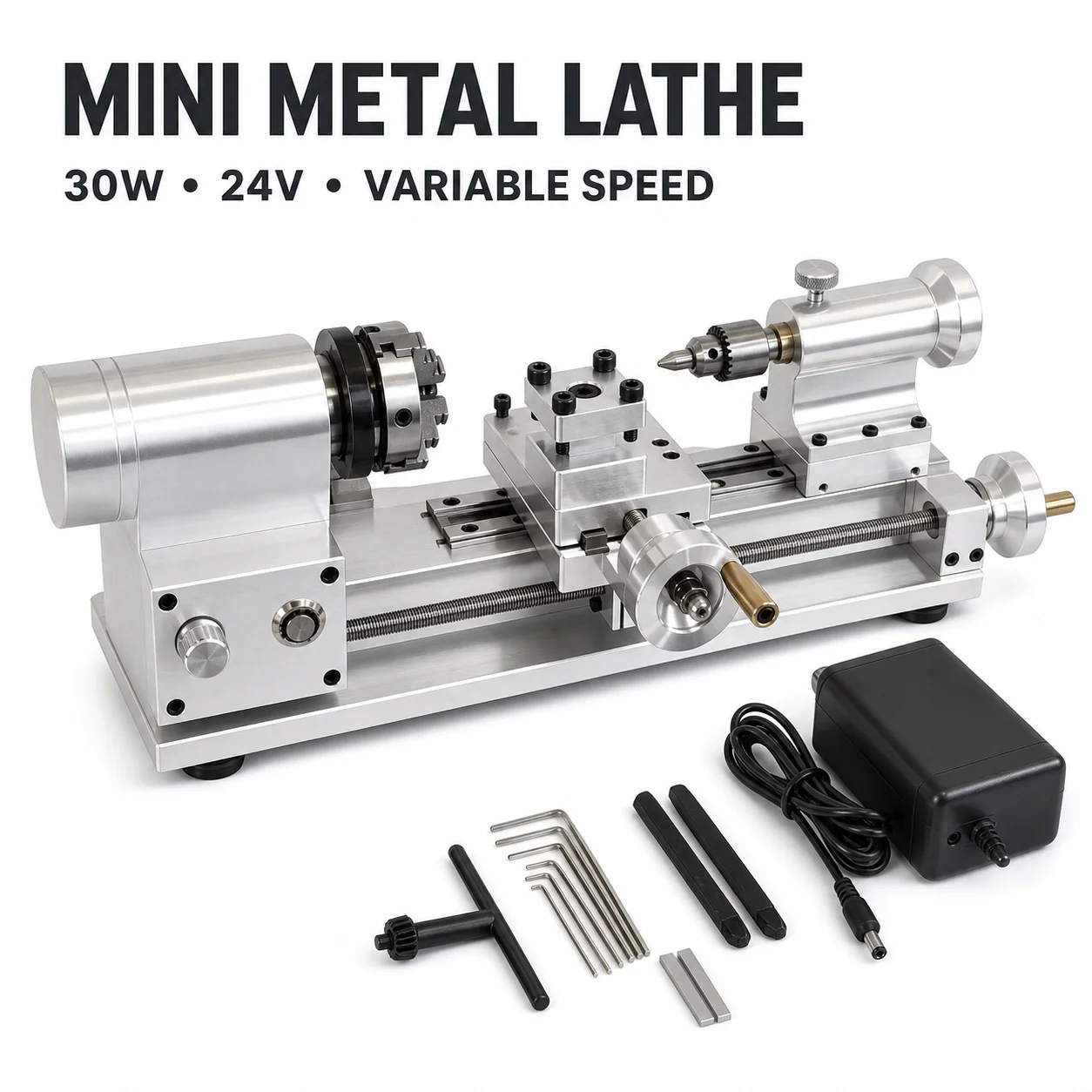 Mini Tornio in Metallo 24V 30W a Velocità Variabile con Mandrino a 3 Griffe per Modellismo Fai-da-Te - immagine 2