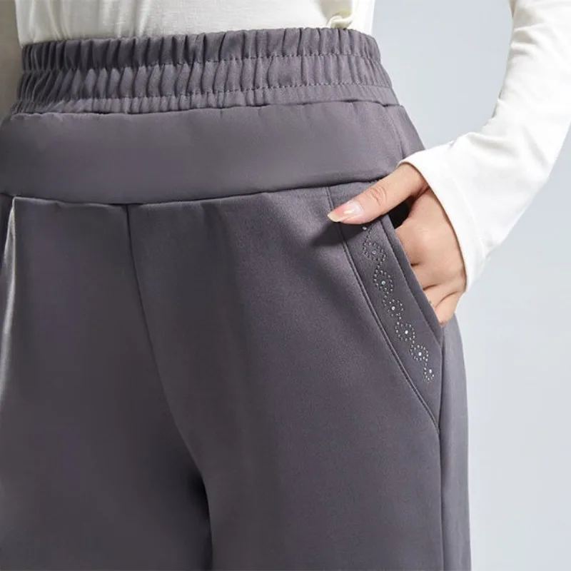 Autumn and Winter Women's Patchwork High Waist Pocket Solid Color Fashion Plush Thickened Loose Commuter Straight Leg Pants
