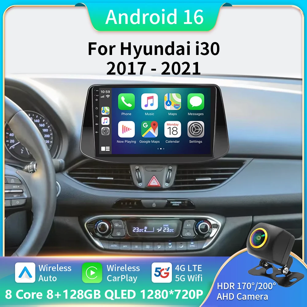 Radio Multimedia con Android Auto y Carplay Inalámbrico para Hyundai I30 2017-2021, Reproductor con GPS, Navegación, Bluetooth, WIFI+5G, DSP Estéreo 1