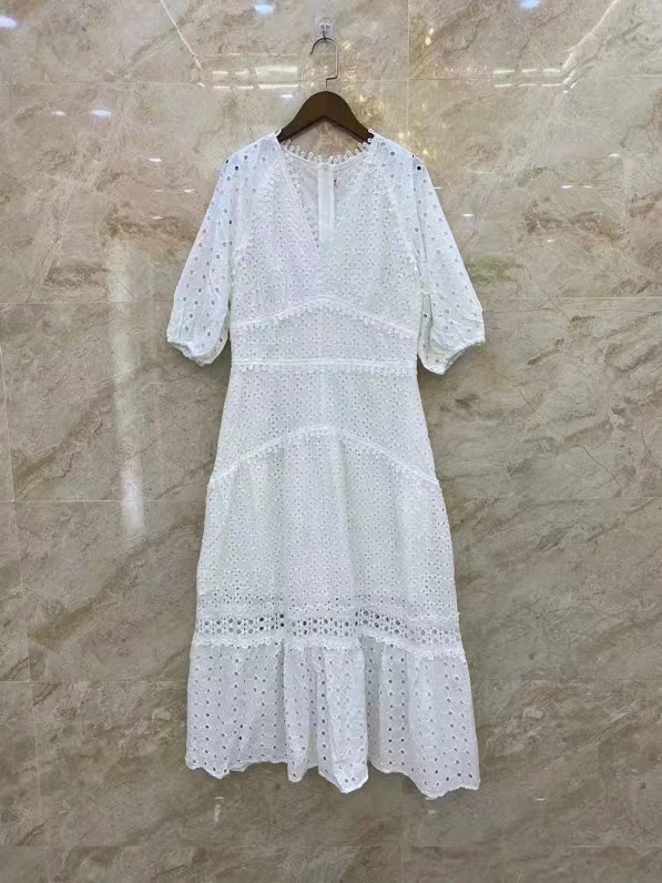

Top Quality New 2023 Summer Dress Women V-Neck Allover Hollow Out Embroidery Short Sleeve Mid-Calf White Blue Dress Vintage