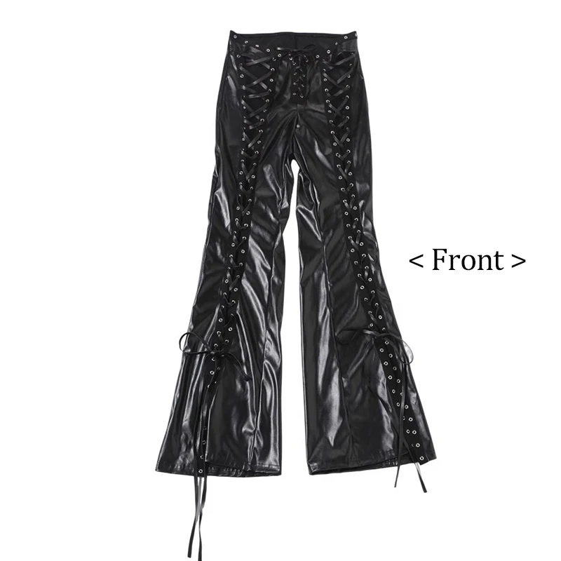 RORORIRI PU Leather Black Pants Punk Hollow Out Strappy Slim Vintage Low Waist Split Bootcut Trousers Festival Grunge Streetwear