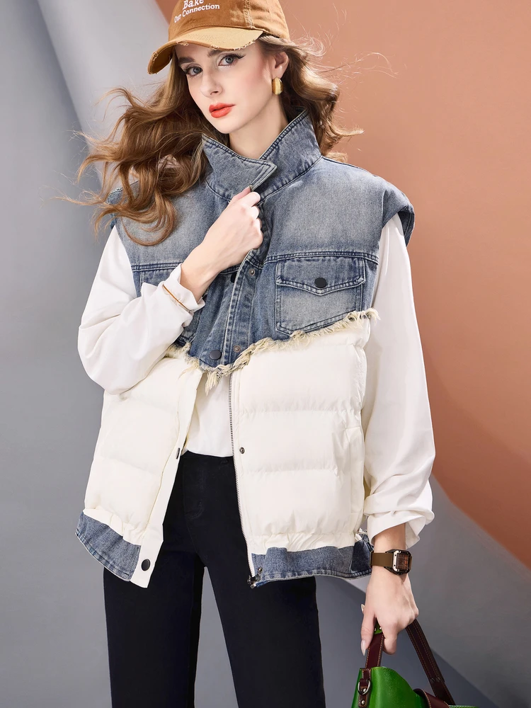 Women Oversized Denim Patchwork Puffer Vest Warm Sleeveless Jacket Streetwear Winter Fashion Outerwear Casual Layered Gilet 1