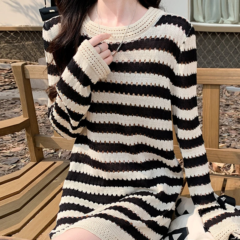 

Lady O Neck Long Sleeve Hollow Out Sweaters Women Striped Thin Knitted Long Sweater Dress 2023 Autumn Korean Fashion Clothes