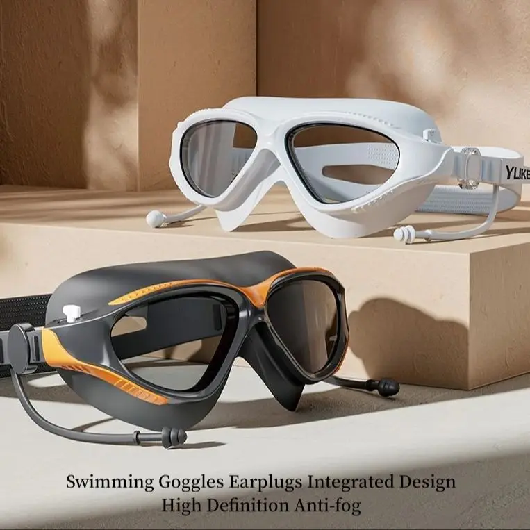 Swimming Goggles Waterproof Anti-fog HD Professional Men Women Large Frame Diving Goggles Ear Plugs Set 2