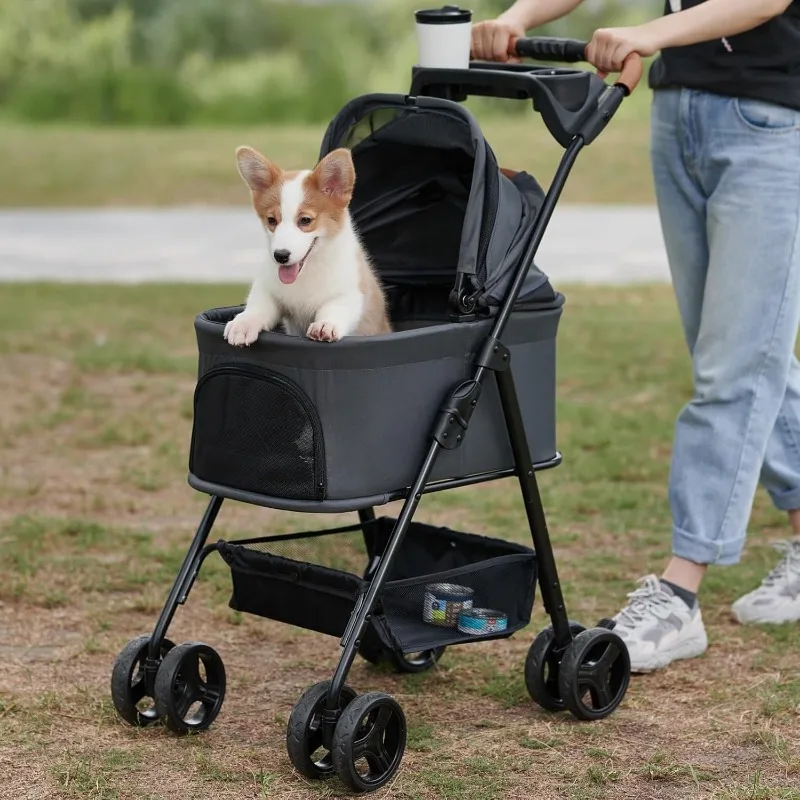3 in 1 Folding Dog Stroller, 4 Wheels Dog/Cat Puppy Stroller w/Removable Travel Carrier for Small/Medium Pet