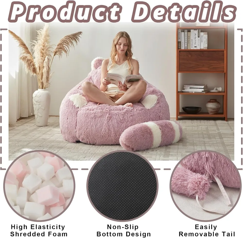 Large Fluffy Raccoon Bean Bag Chair with Filler, Faux Fur Sofa for Adults Kids Reading Sleeping