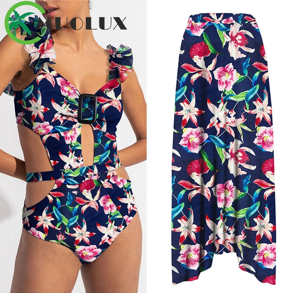 

MUOLUX 2023 New Sexy Floral Bikini Set Swimsuit Skirt Women Swimwear Ruffle Brazilian Monokini Swimming Bathing Suit Beach Dress